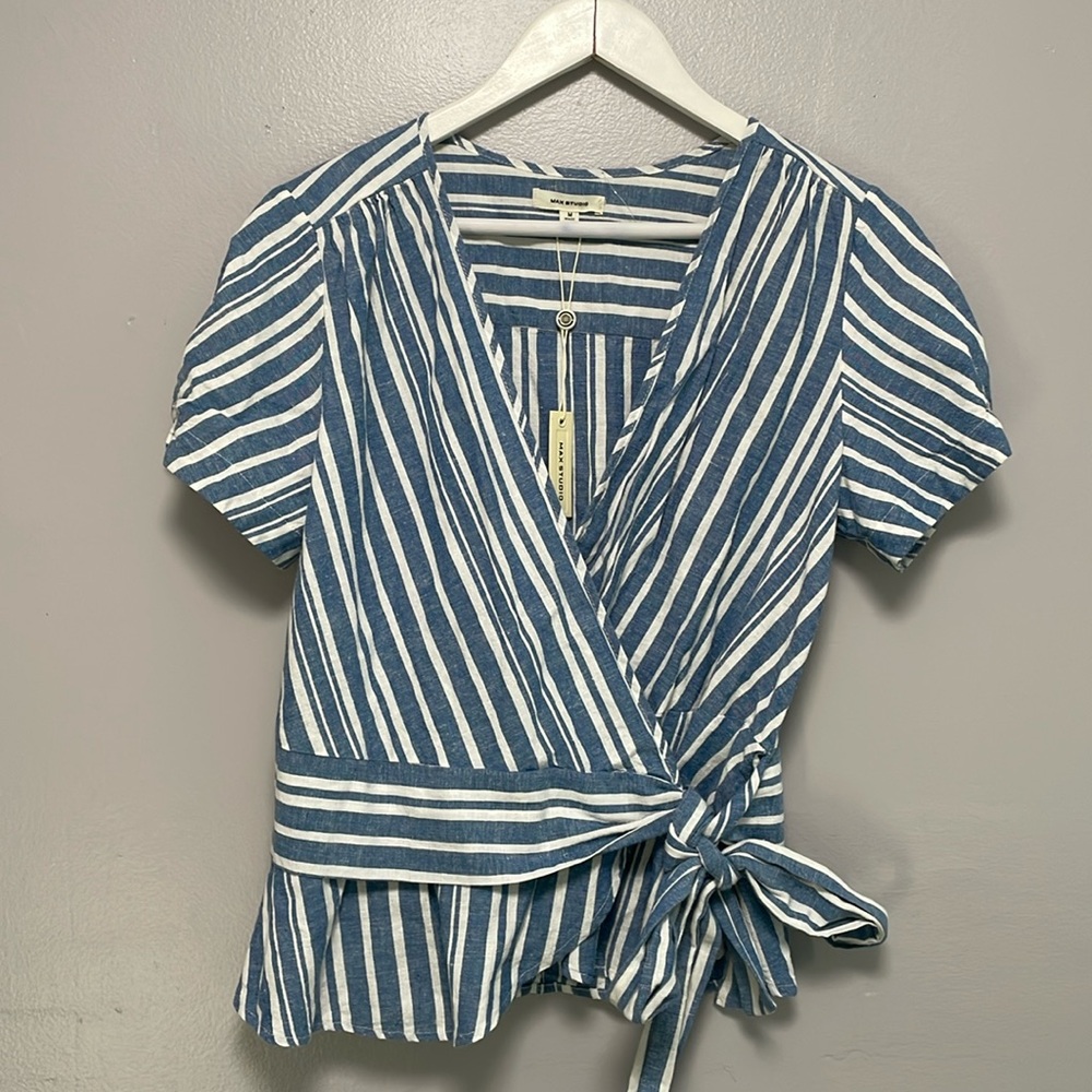 Max studio stripe linen /cotton blend true wrap blouse